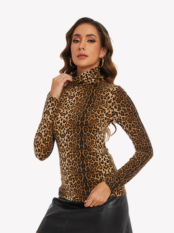 Anyfitting Fitted Long Sleeve Turtleneck Shirt Leopard Print Top