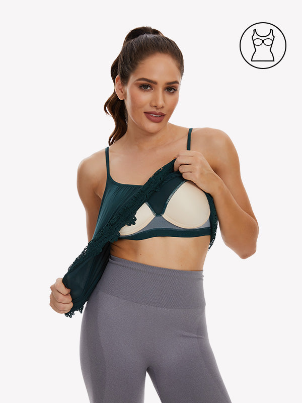 Anyfitting Lace Trim Flowy Cami Top Built-In Bra Push Up Tank Top