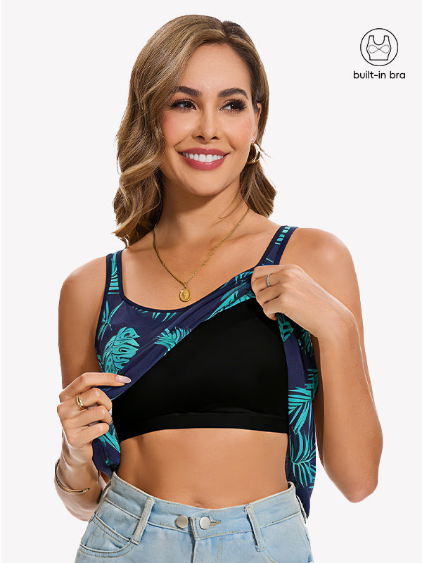 Anyfitting Resort Style V Neck Top Built-In Bra Tank Top