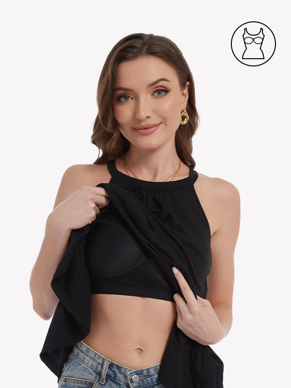 Anyfitting Summer Babydoll Camisole Built-In Bra Halter Tank Top