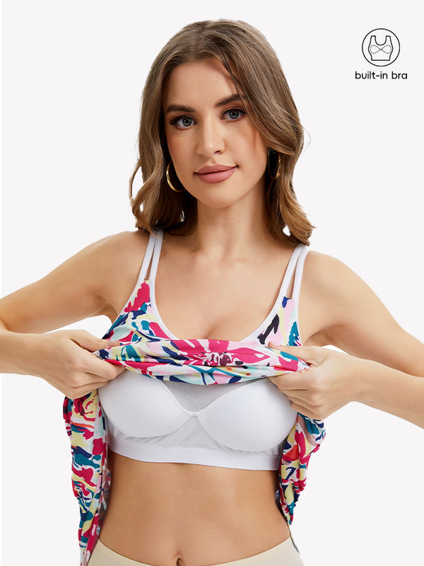 Anyfitting Tropical Floral Dress Built-In Bra Midi Dress with Pockets