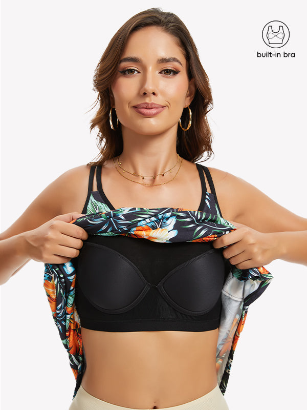 Anyfitting Vacation Floral Midi Dress Buit-in Bra Dress with Pockets