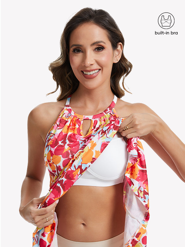 Anyfitting Vacation Flowy Dress Built-In Bra Halter Pockets Dress
