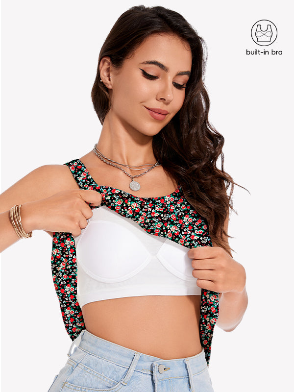 Anyfitting Vacation Flowy Tank Top Built-In Bra Halter Cami Top