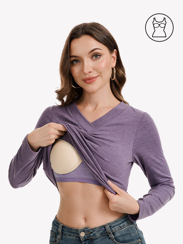 Anyfitting V Neck Casual Top with Built-In Bra for Women