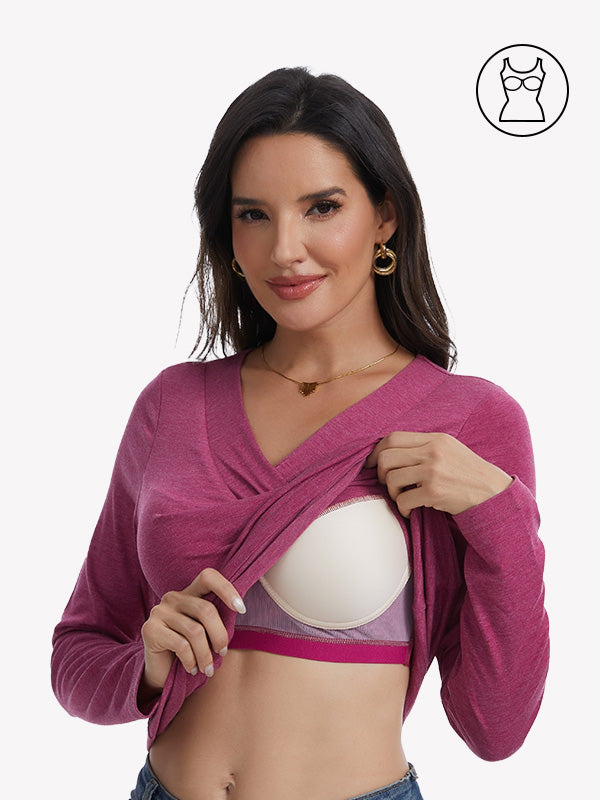 Anyfitting Long Sleeves Layering Shirt Built-in Bra V Neck Tunics Top