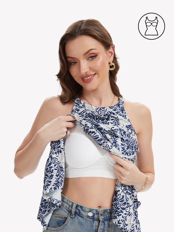 Anyfitting Flowy Peplum Cami Top Built-In Bra Halter Tank Top