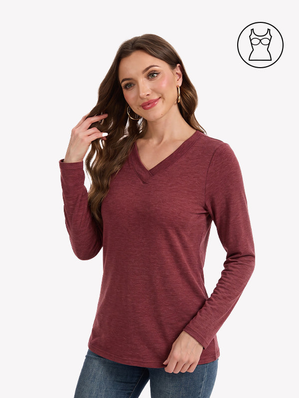 Anyfitting Women Long Sleeves Shirt Built-in Bra V-Neck Warm Basic Top