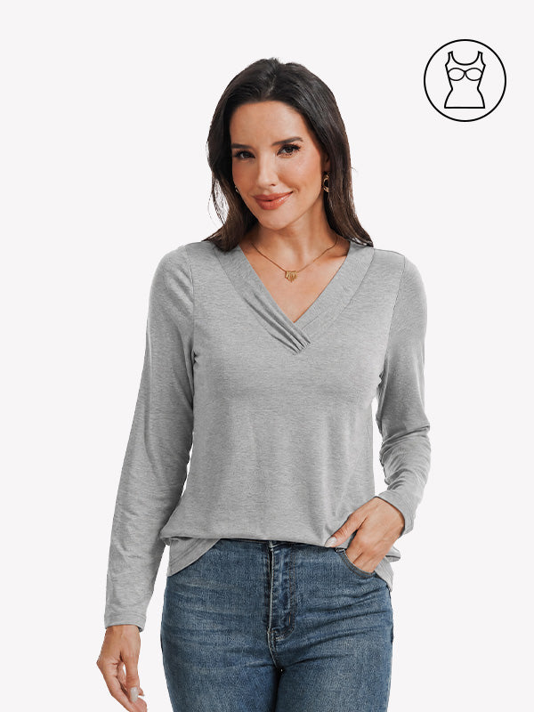 Anyfitting V Neck Long Sleeves Shirt Built-In Bra Tunics Top