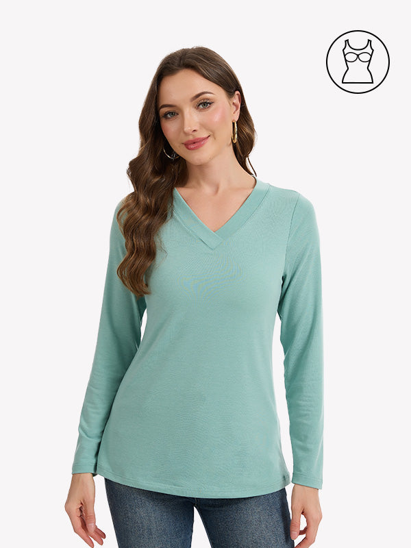 Anyfitting Women Long Sleeves Shirt Built-in Bra Casual Layer Top