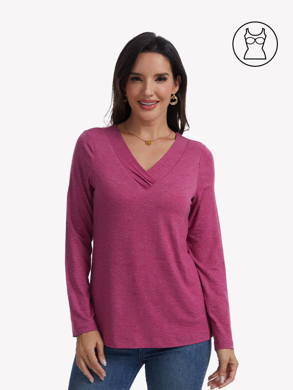 Anyfitting Long Sleeves Layering Shirt Built-in Bra V Neck Tunics Top