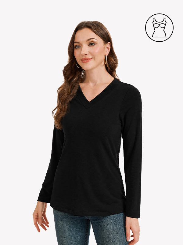 Anyfitting Women V-Neck Long Sleeves Shirt Built-in Bra Layering Top