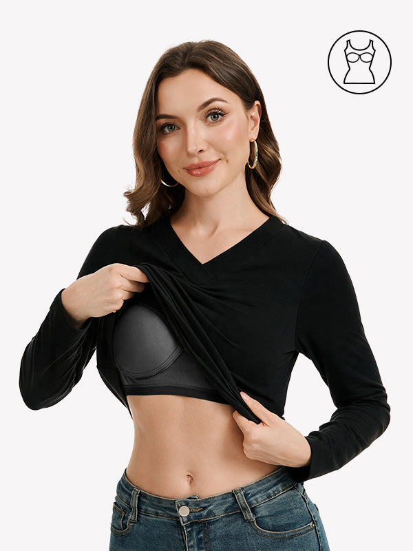 Anyfitting Women V-Neck Long Sleeves Shirt Built-in Bra Layering Top